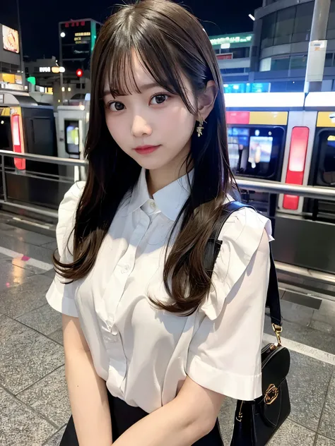 High definition high quality、realistic pictures、Photographed with a wide-angle lens、Eye level。modern、Night station platform、Crowded station platform、rush hour after work、young woman waiting for the train、black long hair、Depression、A lonely look、white blous...