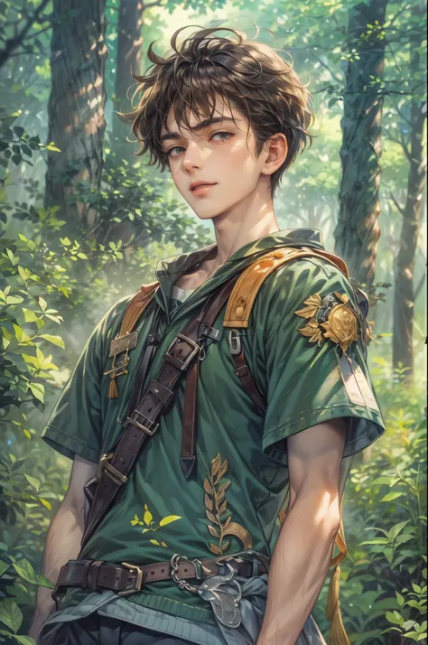 ((Best quality)), ((masterpiece)), (detailed), ((perfect face)), ((halfbody)) handsome face, male, teen boy,  perfect proportions , a character from anime groove adventure Rave, short hair, male version , hiro mashima art, detailed ghibli forest background...