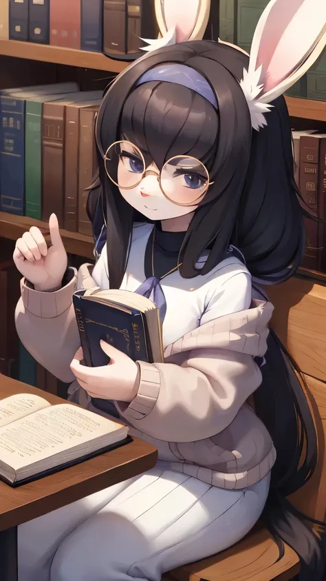 (young :1.3),rabbit furry girl,white rabbit ears,white fur,black long hair,white fluffy rabbit tail,very big round glasses,library,reading book,cold cocoa on table