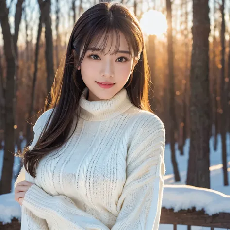 (table top、highest quality、8k、Award-winning work、ultra high resolution)、one beautiful woman、(Perfect navy turtleneck long sleeve knit sweater dress:1.1)、(Very fine knit with a smooth texture:1.1)、long hair、(Snowy mountains of Northern Europe:1.1)、snow fore...