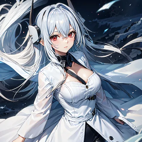 A woman in white cold clothes in a modern cold house, silver hair, red eye.
