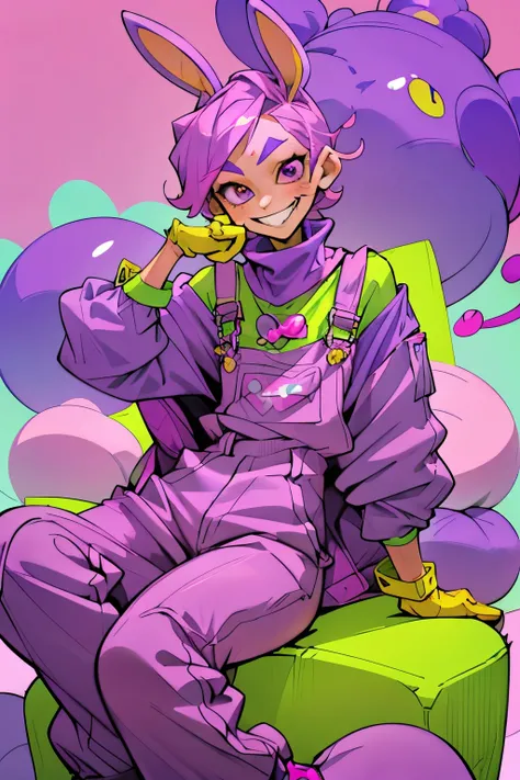 kpop boy wearing a soft purple turtle neck outfit, sit pose, poser, with a pink fuchsia-colored overalls , yellow gloves, purple rabbit ear, smirk rizz face with teeth, attractive pose cannot be ressist