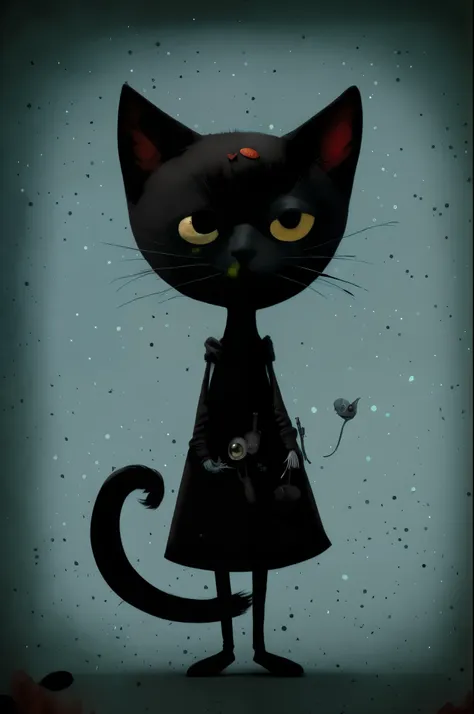 retro style black cat, ２year、short hair、 punk, happy, optimistic,  hieronymus bosch, cute、charm that people like