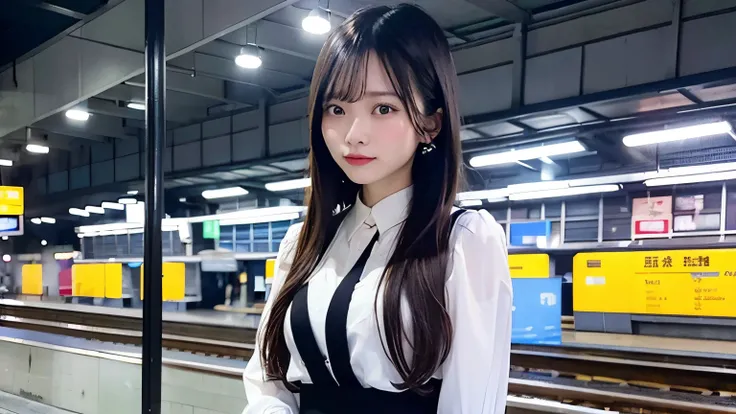 High definition high quality、realistic pictures、Photographed with a wide-angle lens、Eye level。modern、Night station platform、Crowded station platform、rush hour after work、young woman waiting for the train、black long hair、Depression、A lonely look、white blous...