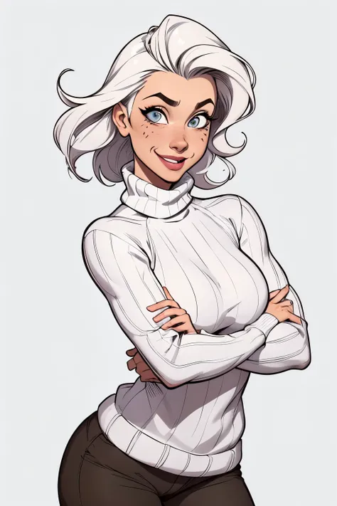 (estilo de desenho animado:1.2),  [( scared face, war face women]), wearing a loose turtleneck sweater, grande sorriso, olhos perfeitos, rosto detalhado, fundo de festa, pose divertida, olhar sedutor, confete, simple white background 