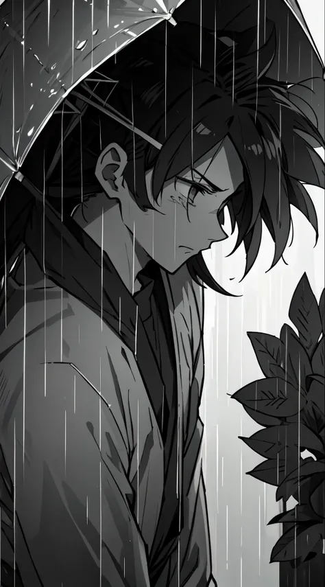 son goku crying in the rain at a funeral. intricate details, grief, loss, sadness