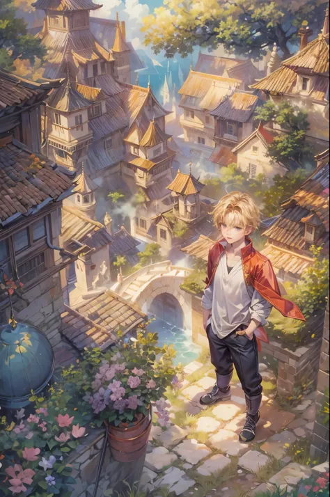 ((Best quality)), ((masterpiece)), (detailed), ((perfect face)), ((halfbody)) handsome face, male, teen boy,  perfect proportions , a character from anime legend of mana teardrop crystal, short hair, male version , Yoko Shimamura art, detailed town of domi...