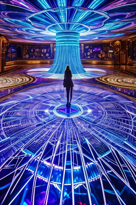 best quality, incredibly absurdres, extremely detailed, huge kaleidoscope magic circles on the floor and ceiling, bursting electromagnetic waves that shine blue-white between them, (spell letters that appear like holograms), figures, and silhouettes appear...