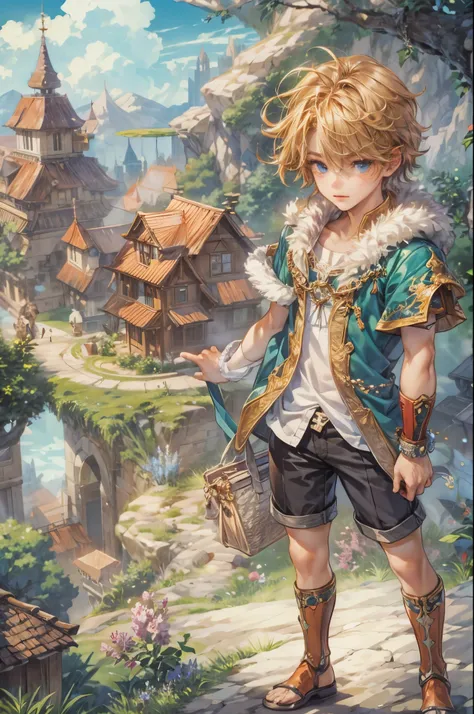 ((Best quality)), ((masterpiece)), (detailed), ((perfect face)), ((halfbody)) handsome face, male, teen boy,  perfect proportions , a character from anime legend of mana teardrop crystal, short hair, male version , peaceful town of domina, detailed town of...