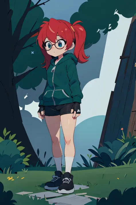 blue eyes, gloves, twintails, red hair, eyeglasses, green hoodie, partially fingerless gloves, black compression shorts, zipper,...