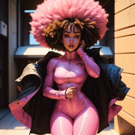 A young black superhero woman, with an afro and pink eyes And a short pink ando gold suit that shows off her thighs, which highlights her thighs