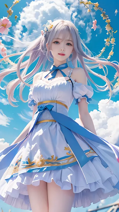 ((RAW image quality:1.4)), 1 girl, 13 years old, Japanese, A woman wearing a blue and white lolita costume、floating in the sky with magical power, Reflecting the strength of her determination，Because she embodies the power of natural forces in battle.offic...