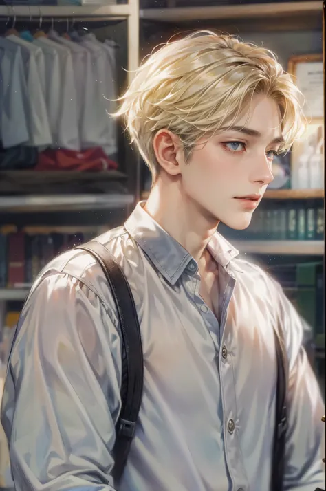 ((Best quality)), ((masterpiece)), (detailed), ((perfect face)), ((halfbody)) handsome face, male, teen boy,  perfect proportions , a character from webtoon the liar and his lover, blonde short hair, male version , detailed workshop background, detailedsce...