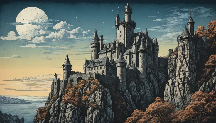 An ornate medieval castle perched atop a craggy cliff, turrets reaching towards the sky, depicted in a mezzotint risograph stippled style that accentuates the ancient stoneworks textures and weathered surfaces. hyper realistic, 8k, vibrant colors, sharp cr...