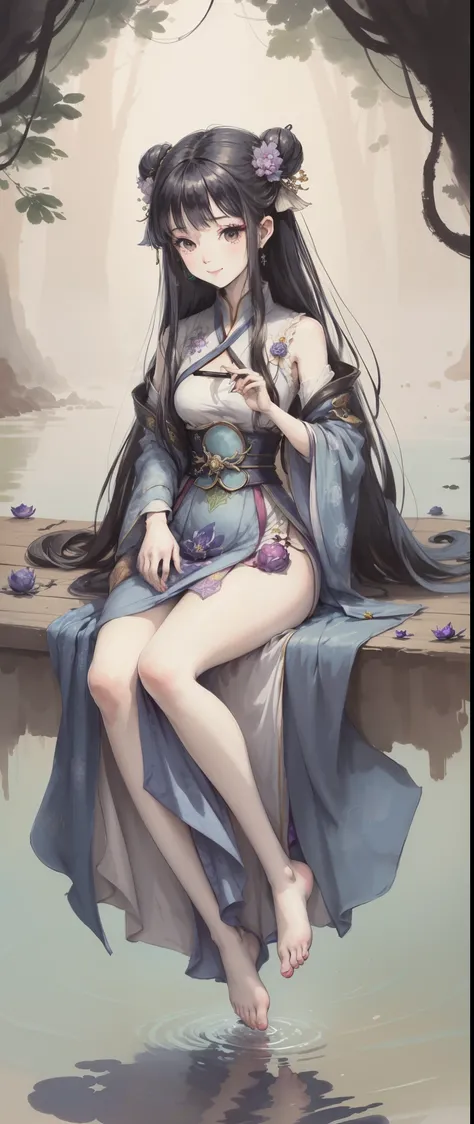 ((4k,masterpiece,best quality)), Ink Bismuth, Chinese traditional ink painting, lotus, Hanfu, maxis kit, Dress conservatively 1girl, alone, Long blue hair, Smile, Permanently installed, feet in water, barefoot,