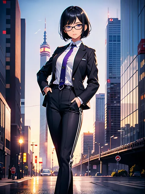 1girl, solo, short hair, jet black hair, purple eyes, (full body), standing, bangs, japanese police uniform, glasses, tokyo city backdrop, (white shirt), (black pants, tie), matching shoes, medium breasts, 20 age, badge, (perfect hands, perfect anatomy),