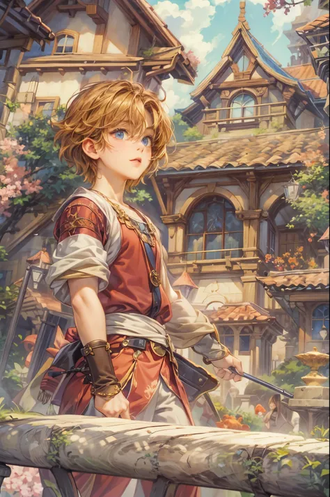 ((Best quality)), ((masterpiece)), (detailed), ((perfect face)), ((halfbody)) handsome face, male, teen boy,  perfect proportions , a character from anime legend of mana teardrop crystal, brown short hair, male version , peaceful town of domina, detailed t...