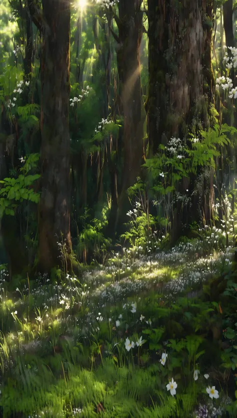 tranquil forest scene with sunlight streaming through the trees, highlighting the lush greenery and white flowers on the forest floor. It’s a peaceful setting that evokes a sense of calm and connection with nature, 8k, high resolution, 