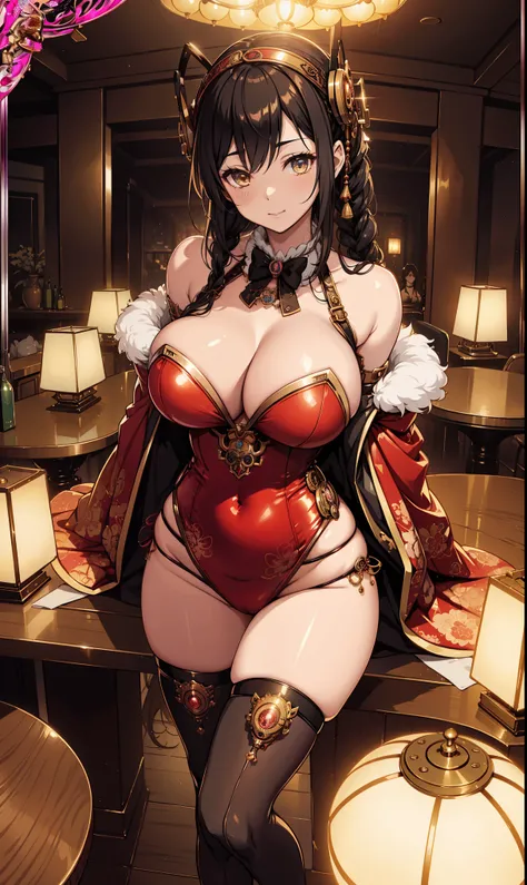 Japanese anime style steampunk illustration、Dimly lit luxury club at midnight，Mechanical prosthetics that only glow under incandescent lights，Comes with steampunk-style mechanical prosthetics and steampunk-style legs、steampunk bunny headband、Steampunk Bunn...