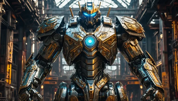 A towering mech warrior, armor plated with intricately etched metalwork, clenched fists crackling with energy, depicted in the dynamic Metalheart aesthetic of hard edges and industrial motifs. hyper realistic, 8k, vibrant colors, sharp crisp image