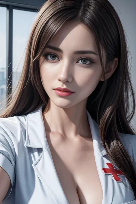 Realistic beauty nurse, lab coat , 8k, Perfect body，perfect face，perfect hands，perfect hands指，perfect breasts，perfect hair，perfect image, realism, detailed, highest resolution hyperrealism vector image ray tracing octane render