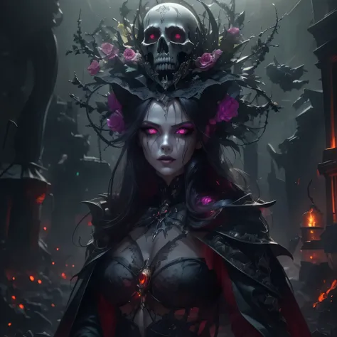 A dark-looking necromancer stands at the center of a terrifying location. ((Her eyes shine with intense magic: 1.2)), while her face mixes sensuality with a demonic expression. Her skin is pale and dead, standing out against the gloomy environment around h...