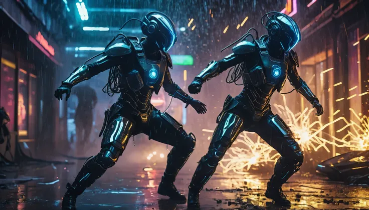 Twin cybernetic assassins, bodies augmented with sleek armored plating and glowing tech implants, engaged in a deadly dance amid showers of sparks and shrapnel, portrayed in the unrelenting Metalcore manner. hyper realistic, 8k, vibrant colors, sharp crisp...