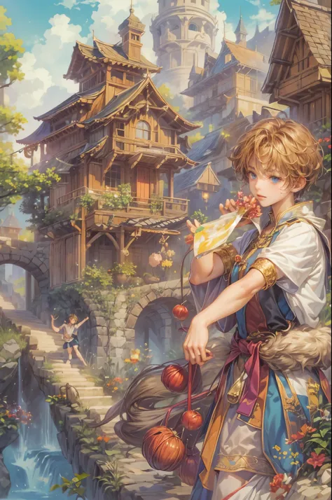 ((Best quality)), ((masterpiece)), (detailed), ((perfect face)), ((halfbody)) handsome face, male, teen boy,  perfect proportions , a character from anime legend of mana teardrop crystal, brown short hair, male version , peaceful town of domina, detailed t...