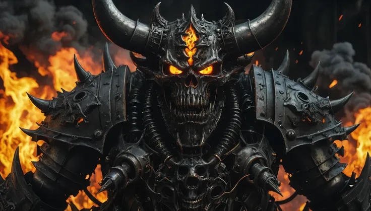 A demonic engine of destruction, infernal armor forged from blackened steel and smoldering brimstone, hellfire raging in its hollow eye sockets, created in the punishing Metalcore style of harsh lines and brutal industrial might.  hyper realistic, 8k, vibr...