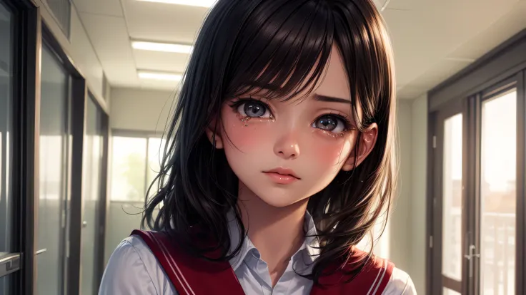 (1girl), brown eyes, air bangs, (highly detailed eyes, highly detailed face), (hyper-realistic, hight resolution), (best Quality:1.4), (high school uniform, pleated mini skirt:1.2), model, Enchanting, Japanese school, Japanese school hallway, alone, tears ...