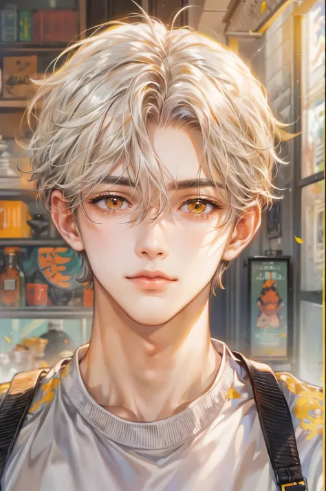 ((Best quality)), ((masterpiece)), (detailed), ((perfect face)), ((halfbody)) handsome face, male, teen boy,  perfect proportions , a character from manhwa webtoon orange marmalade, short hair, male version , detailed background, detailed scenery backgroun...