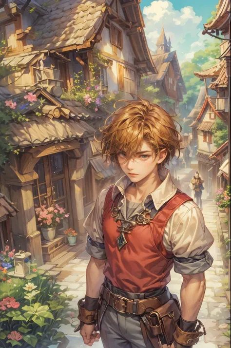 ((Best quality)), ((masterpiece)), (detailed), ((perfect face)), ((halfbody)) handsome face, male, teen boy,  perfect proportions , a character from anime legend of mana teardrop crystal, brown short hair, male version , peaceful town of domina scene, deta...