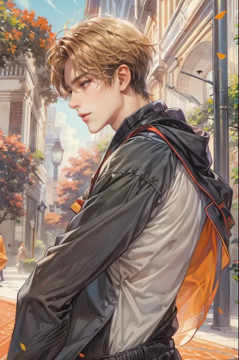 ((Best quality)), ((masterpiece)), (detailed), ((perfect face)), ((halfbody)) handsome face, male, teen boy,  perfect proportions , a character from manhwa webtoon orange marmalade, short hair, male version , detailed background, detailed scenery backgroun...