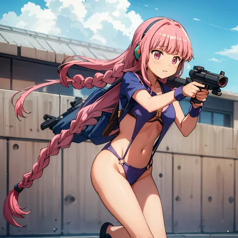 {tamaki_iroha_puellamagimadokamagicasidestorymagiarecord:0.6}, pink_hair, pink_eyes, bangs, blunt_bangs, braid, sidelocks, blush, bow, long_hair, Imperial Guard Combat Uniform Swimsuit, o-ring bikini, v gundam, swimsuit, absurdres, highres, solo, cowboy sh...