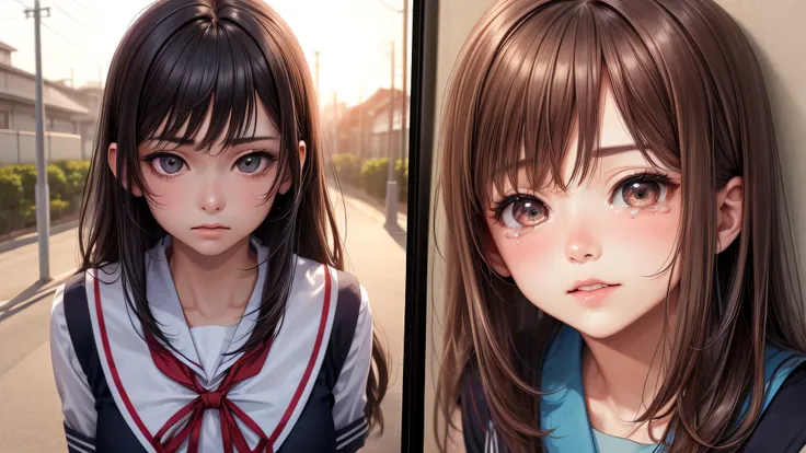 (1girl), brown eyes, air bangs, (highly detailed eyes, highly detailed face), (hyper-realistic, hight resolution), (best Quality:1.4), (high school uniform, pleated mini skirt:1.2), model, Enchanting, Japanese school, Japanese school hallway, alone, tears ...