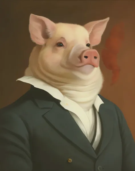 pintura de um porco vestido de terno e gravata, porco em um smoking, um porco, Frederico Bacon, inspirado em Charles Willson Peale, inspirado por George Stubbs, hybrid of pig and nyc policeman, meio porco, Direction: Rubens Peale, Michael Coruja, inspirado...