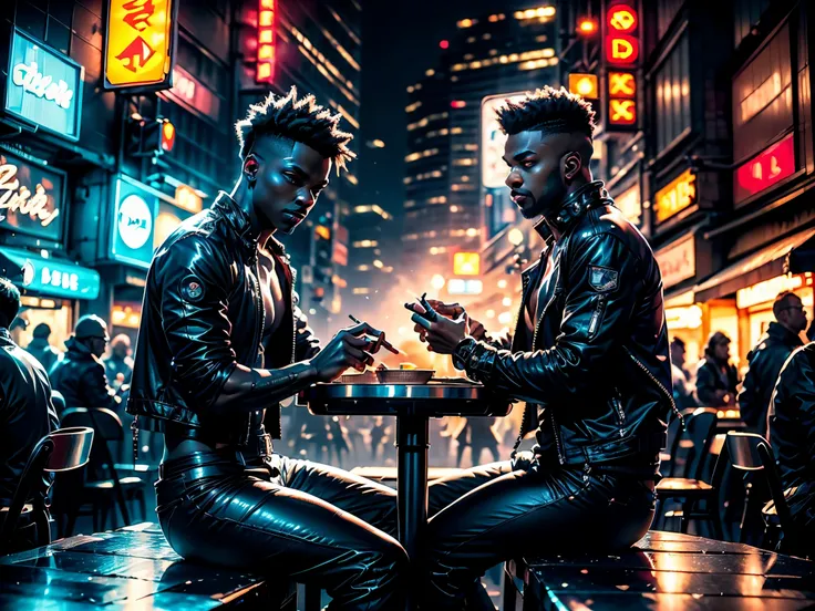 ultra detailed, (cyberpunk friends: 1.4, in a discotheque: 1.4, sitting at a table enjoying with friends, in the background people dancing and having fun, disco lights, dark environment, with monitors and neon lights everywhere: 1.4), (absolute darkness: 1...