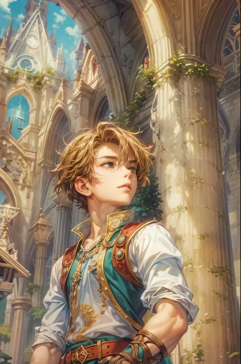 ((Best quality)), ((masterpiece)), (detailed), ((perfect face)), ((halfbody)) handsome face, male, teen boy,  perfect proportions , a character from anime legend of mana teardrop crystal, brown short hair, male version , peaceful church of domina scene, de...