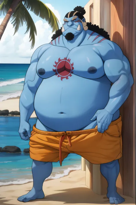 man (jinbei) standing in beach, beach, fat, palm, muscle, realistic, 8k, masterpice, (shirtless, nude, topless. wearing shorts)