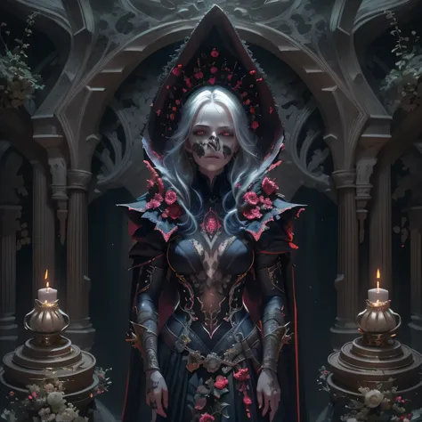 Generate an 8k image of a necromancer standing in the center of a dark and foreboding location. His face is ultra detailed, the necromancers eyes must have a completely white iris, level of detail 1.2. Your face should display a mixture of sensuality and d...