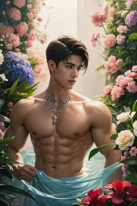 a muscular, 1 muscular man, solo, (oil painting:1.5), (NSFW:1.2), a muscular man joyfully twirling in the raining paint, 1boy, short hair, floral, Lycianthus ,In light pink and light blue styles..., Dreamy and romantic composition..., dripping flowers on h...