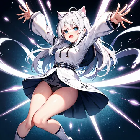 Amidst the pristine whiteness, a charming chibi-style anime girl emerges, her feline ears and bushy tail adorned with white fur and grey tiger-like stripes. She is attired in a dark blue sweatshirt extending down to her crotch, contrasting elegantly with t...