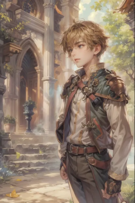 ((Best quality)), ((masterpiece)), (detailed), ((perfect face)), ((halfbody)) handsome face, male, teen boy,  perfect proportions , a character from anime legend of mana teardrop crystal, brown short hair, male version , peaceful church of domina scene, de...