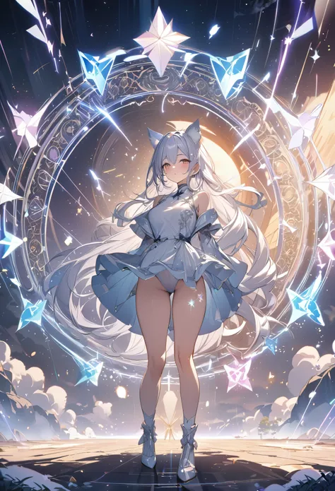 The girl stands in the center of the gorgeous and huge six-pointed star magic circle on the ground，Magical runes suspended in the air sparkle like stardust，8k，Super fine，Super detailed，Rich details，masterpiece，best quality