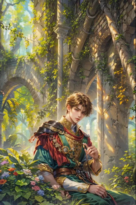 ((Best quality)), ((masterpiece)), (detailed), ((perfect face)), ((halfbody)) handsome face, male, teen boy,  perfect proportions , a character from anime legend of mana teardrop crystal, brown short hair, male version , peaceful church of domina scene, de...