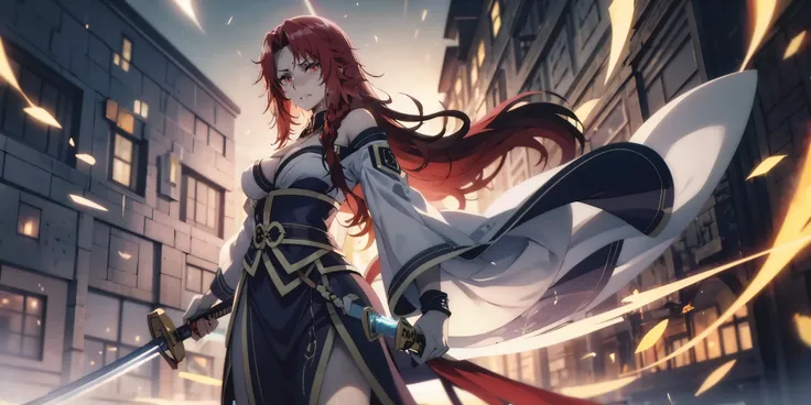 iris, red hair, long hair, braid, red eyes, anatomically correct, hanfu, holding katana, motion blur, depth of field，a place whe...