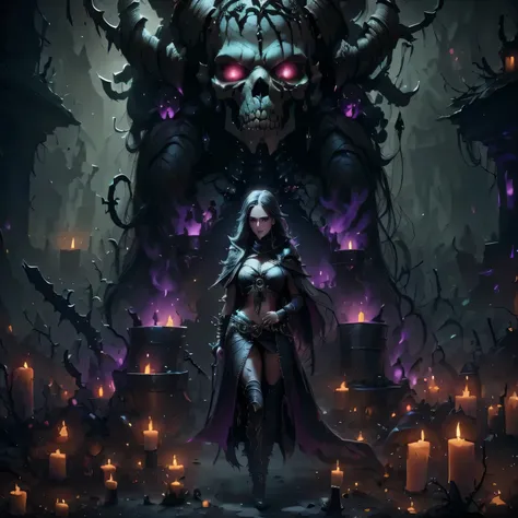 generate an 8k image of a necromancer standing in the center of a dark and foreboding location. his face is ultra detailed, the ...