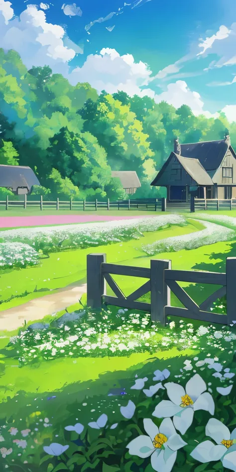 depicts a serene and lush green landscape, featuring an aged wooden gate leading into an open field, surrounded by blooming white flowers and greenery, with a partly cloudy but mostly clear blue sky above, 8k, uhd, 