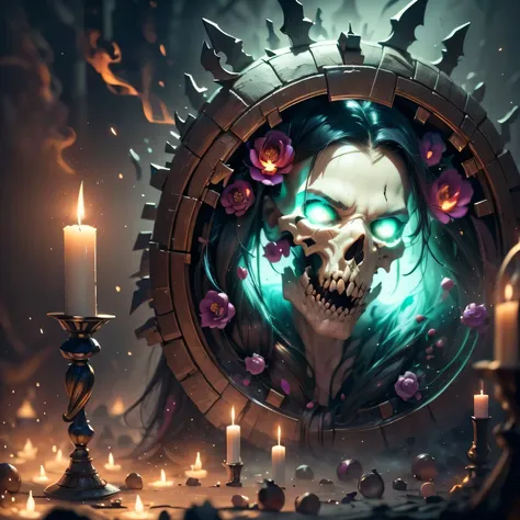 Generate an 8k image of a necromancer standing in the center of a dark and foreboding location. His face is ultra detailed, the necromancers eyes must have a completely white iris, level of detail 1.2. Your face should display a mixture of sensuality and d...