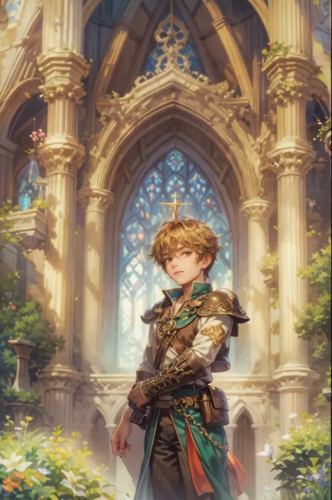 ((Best quality)), ((masterpiece)), (detailed), ((perfect face)), ((halfbody)) handsome face, male, teen boy,  perfect proportions , a character from anime legend of mana teardrop crystal, brown short hair, male version , peaceful church of domina scene, de...